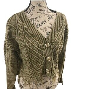 Gilded Intent Destructed Cable Knit Crop Cardigan Forest Green Cottagecore